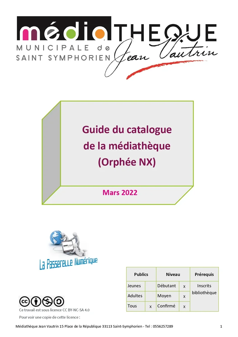 Couverture du Guide du catalogue de la médiathèque (Orphée NX), mars 2022 — cliquer pour ouvrir le PDF