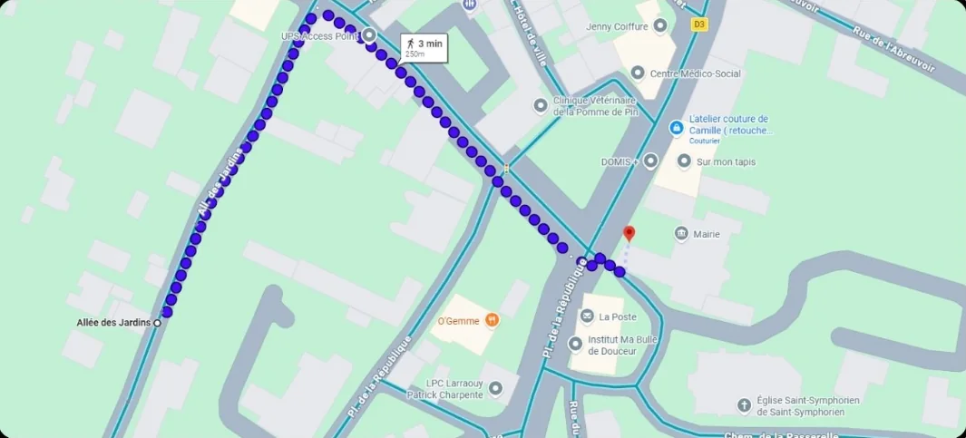 Plan d'accès : itinéraire à pied (3 minutes) de la place de la République vers les locaux provisoires, allée des Jardins