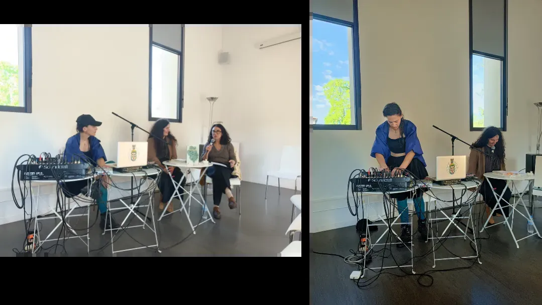 Lecture sonore : les deux artistes entre tables de mixage et micros dans la salle d'animation, en discussion puis en performance