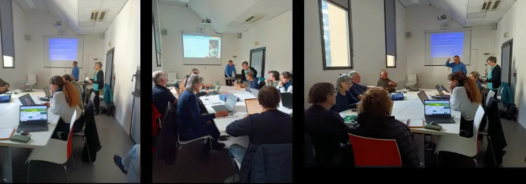 Atelier généalogie : les participants suivent la présentation projetée, ordinateurs portables ouverts autour des tables