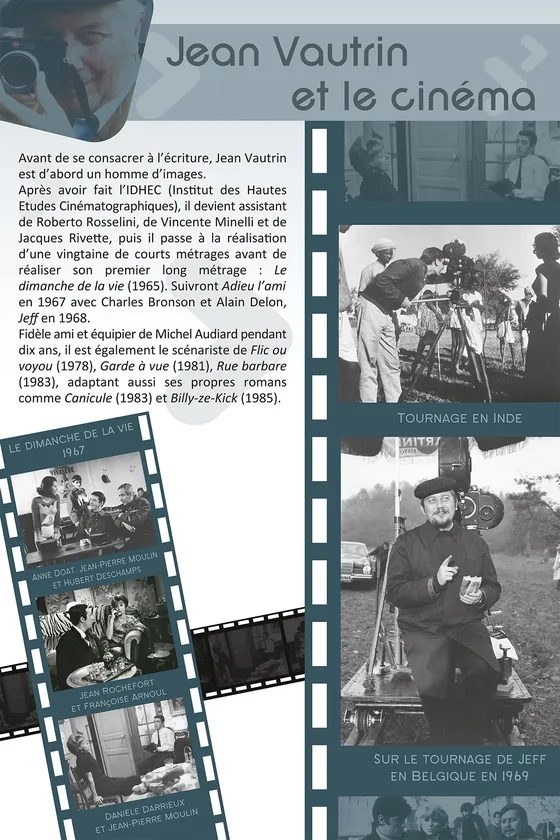 Panneau « Jean Vautrin et le cinéma » : photos de tournage, dont le tournage en Inde et celui de Jeff en Belgique en 1969