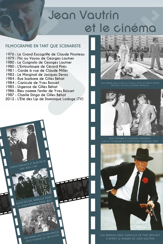 Panneau « Jean Vautrin et le cinéma » : filmographie en tant que scénariste, de 1976 à 2012, illustrée de photogrammes