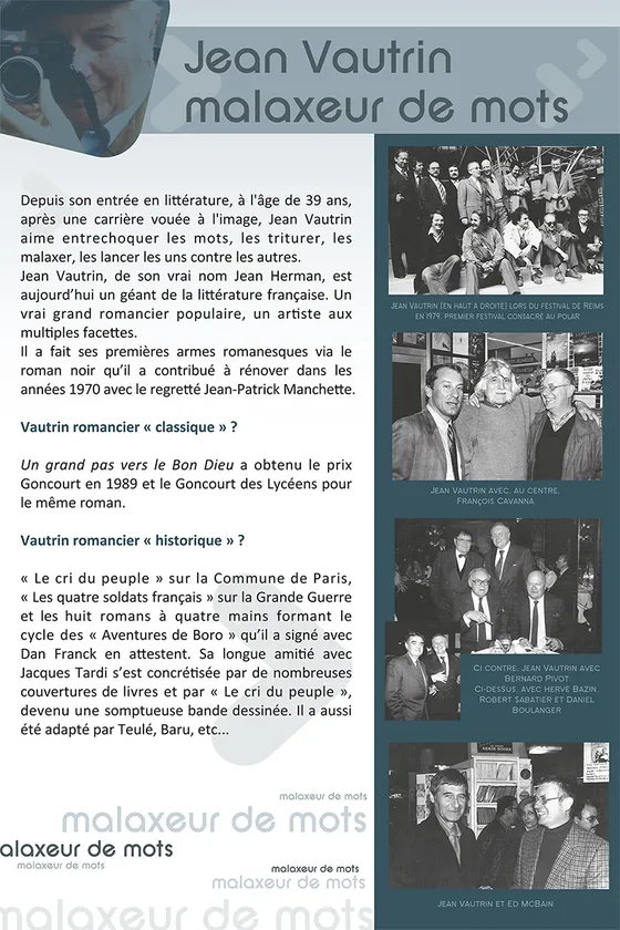 Panneau « Jean Vautrin, malaxeur de mots » : le romancier, du prix Goncourt aux collaborations avec Dan Franck et Jacques Tardi