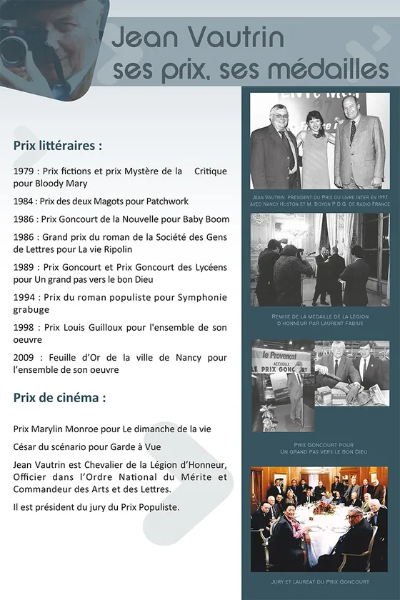 Panneau « Jean Vautrin, ses prix, ses médailles » : prix littéraires et de cinéma, Légion d'honneur et Ordre des Arts et des Lettres