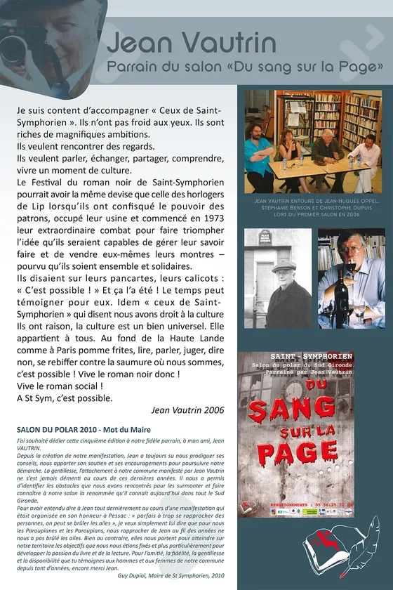 Panneau « Jean Vautrin, parrain du salon Du sang sur la Page » : son texte d'accompagnement pour le festival de Saint-Symphorien