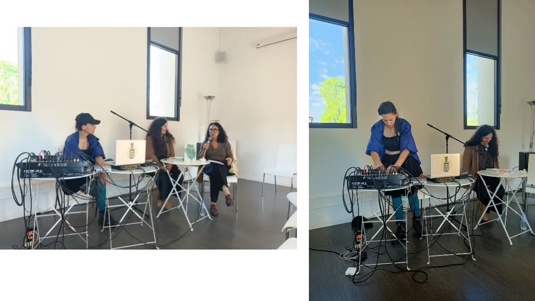 2 photos prises pendant la lecture sonore « Nos invisibles », par Charlotte Bonnefon et Julia Hanadi Al Abed, vendredi 25 avril 2025